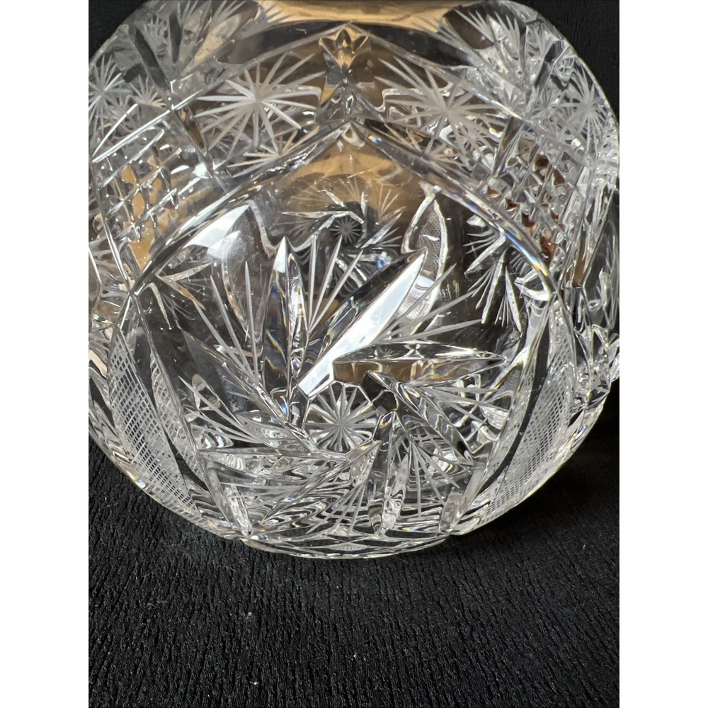 Heavy Hand Cut Crystal Rose Bowl Vase 6" Dia X 5" Tall Star Fan Cut Crystal